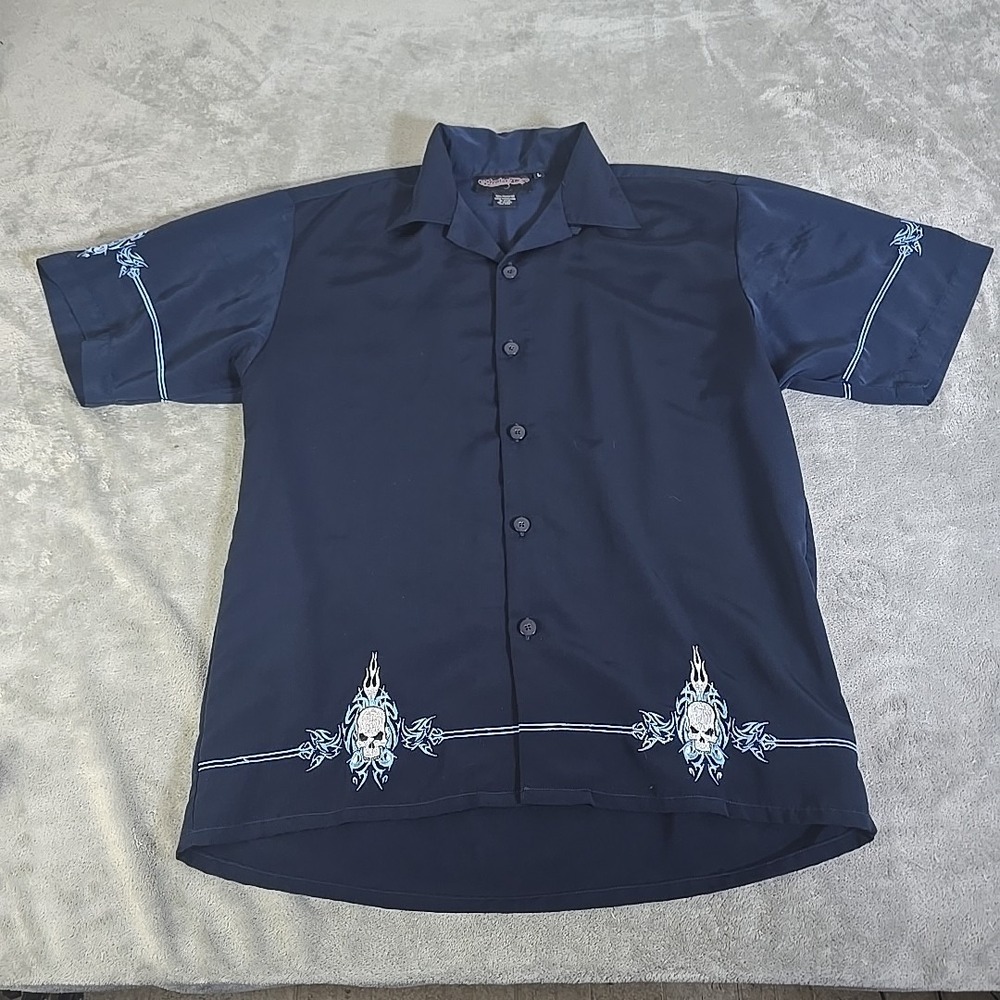 Sapphire Lounge Shirt Mens L Blue Skull Button Up Loop Collar Y2K‎ Goth Biker